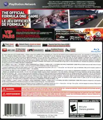 F1 2011 (USA) (v1.02) (Disc) (Update) box cover back